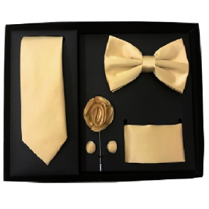 Mens Gold 5 Piece Gift Box Set Tie Bow-Tie Lapel Pin Handkerchief and Cufflinks