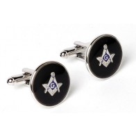 Cufflinks Masonic Round Black Background Silver Cuff Links