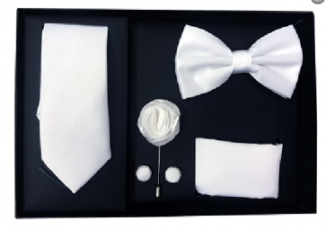 Mens White 5 Piece Gift Box Set Tie Bow-Tie Lapel Pin Handkerchief and Cufflinks