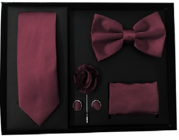Mens Burbundy 5 Piece Gift Box Set Tie Bow-Tie Lapel Pin Handkerchief and Cufflinks