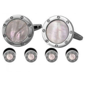Mother-of-Pearl Silver Cuff Links and Studs Set with Screw Rim