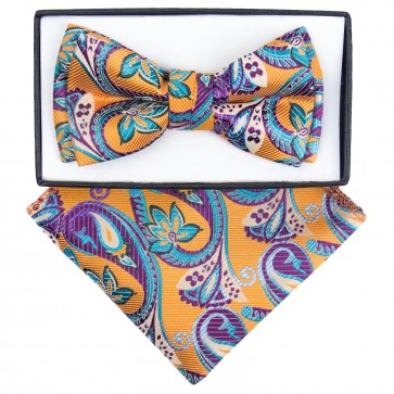 Boys Purple and Yellow Paisley Pattern Bowtie and pocket square