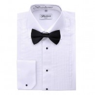 Berlioni Men's Long Sleeve Tuxedo Laydown Collar W/ Bow-tie Dress Shirt White TUXEDO SHIRT/BOWTIE. LUXURY DESIGNER FORMAL WEAR.