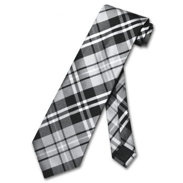 Mens Skinny Grey Plaid Microfiber Selftie Necktie