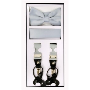 Mens Silver Suspender Bow Tie and Pocket Square Set