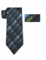 Mens Navy, Green and Black Striped Skinny Necktie with Matching Pocket Square