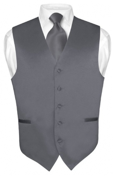 Mens Solid Satin Charcoal Vest & Self Tie necktie Set