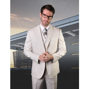 Men's Natural Color Suit 3 Piece Linen Suit with Double Breasted Vest