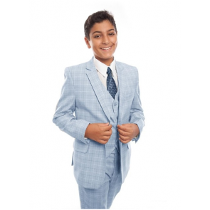 Boys Sky Blue Windowpane Suit 5-Piece Set High Quality - Kids - Toddler - Children - Wedding