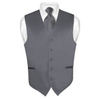 Mens Solid Satin Charcoal Vest & Self Tie necktie Set