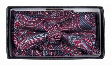 Boys Grey and Red Paisley Pattern Bowtie and pocket square