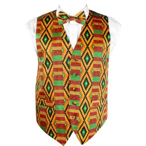 Kente Cloth African Print Vest and Bowtie 2 Piece Set