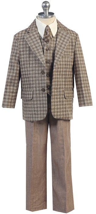 Boys Linen Checkered Suit Set For Children & Teens Including Sports Coat Pants Vest Shirt & Tie