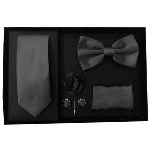 Mens Black 5 Piece Gift Box Set Tie Bow-Tie Lapel Pin Handkerchief and Cufflinks
