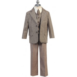 Boys Linen Checkered Suit Set For Children & Teens Including Sports Coat Pants Vest Shirt & Tie