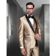 Sale Item Mens Shawl Lapel Champagne Tuxedo Suit with Black Lapel and Matching Vest