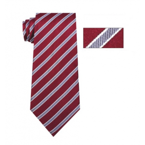 Mens Burgundy, Gray and Silver Striped Skinny Necktie with Matching Pocket Square