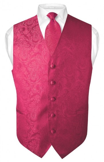 Mens Paisley Tone On Tone Hot Pink  Fuchsia Vest with Tie Set