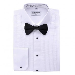 Berlioni Men's Long Sleeve Tuxedo Laydown Collar W/ Bow-tie Dress Shirt White TUXEDO SHIRT/BOWTIE. LUXURY DESIGNER FORMAL WEAR.