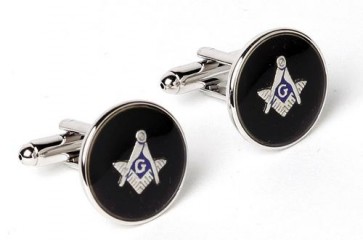 Cufflinks Masonic Round Black Background Silver Cuff Links