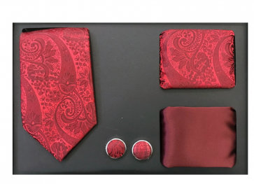 Mens Burgundy Red Paisley 4-Piece Gift Set- Holiday Gift