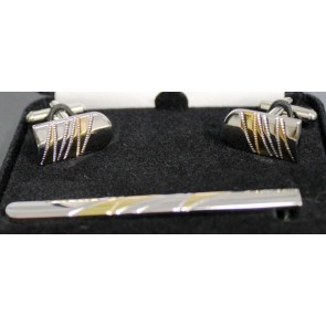 Cufflinks And Tie Bar Silver and Gold Set