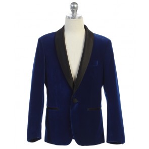 Boys Blue Coat with Black lapel Velvet Shawl lapel Sports Coat Only- Blazer- Jacket-Kids