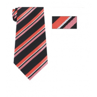Mens Coral  Striped Skinny Necktie with Matching Pocket Square