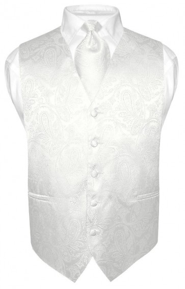 Mens Paisley Tone On Tone Ivory Off White Vest with Tie Set