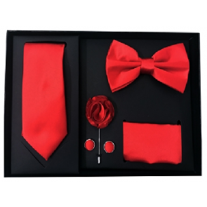 Mens Red 5 Piece Gift Box Set Tie Bow-Tie Lapel Pin Handkerchief and Cufflinks