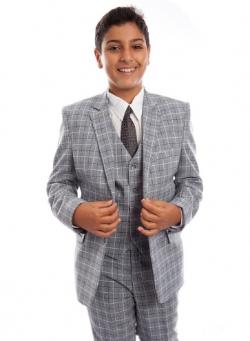 Boys Grey Windowpane Suit 5-Piece Set High Quality - Kids - Toddler - Children - Wedding