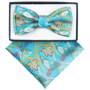 Boys Turquoise Paisley Pattern Bowtie and pocket square