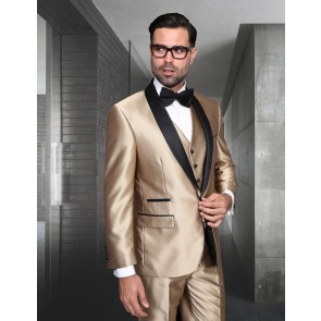 Mens Shawl Lapel Champagne Tuxedo Suit with Black Lapel and Matching Vest