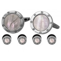 Mother-of-Pearl Silver Cuff Links and Studs Set with Screw Rim 