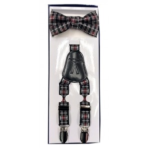 Boys Black & White and Red Checkered Suspender and Bow Tie Set