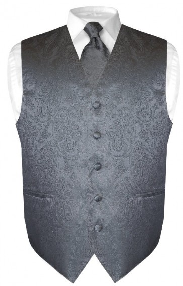 Mens Paisley Tone On Tone Charcoal Grey Vest with Tie Set
