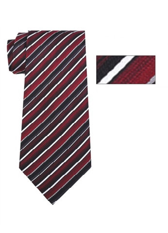 Mens Burgundy, Black and White Striped Skinny Necktie with Matching Pocket Square