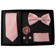 Mens Rose Gold Piece Gift Box Set Tie Bow-Tie Lapel Pin Handkerchief and Cufflinks 