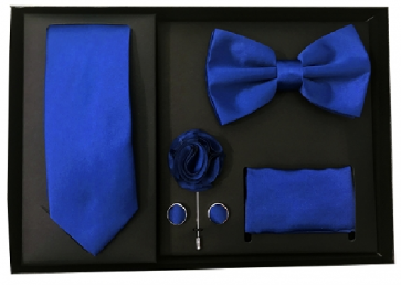 Mens Royal Blue 5 Piece Gift Box Set Tie Bow-Tie Lapel Pin Handkerchief and Cufflinks