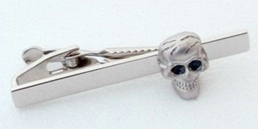Tie Bar Skull Pearl Rhodium Jet Black Eyes