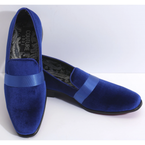 Mens New Navy Blue Couture 1901 Velvet Slip on Dress shoe with Satin Strap