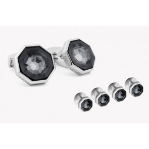 Layered Crystal Cuff Links and Studs Rhodium Plated Set Tateossian
