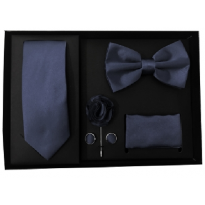 Mens Navy 5 Piece Gift Box Set Tie Bow-Tie Lapel Pin Handkerchief and Cufflinks