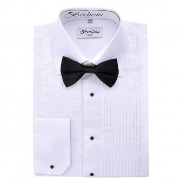 Berlioni Men's Long Sleeve Tuxedo Laydown Collar W/ Bow-tie Dress Shirt White TUXEDO SHIRT/BOWTIE. LUXURY DESIGNER FORMAL WEAR.