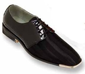 Tuxedo Shoes BLACK Satin Stripe Silver Tip Leather Shoes