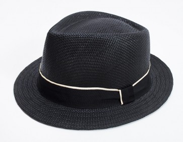Black Paper Straw Fedora with Black Band