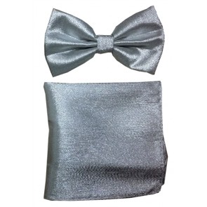 Polyester Metallic Lame Silver Bowtie with Pocket Square Set