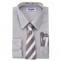 Boys Silver Dress Shirt Tie and Hanky Set