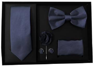 Mens Navy 5 Piece Gift Box Set Tie Bow-Tie Lapel Pin Handkerchief and Cufflinks