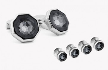 Layered Crystal Cuff Links and Studs Rhodium Plated Set Tateossian